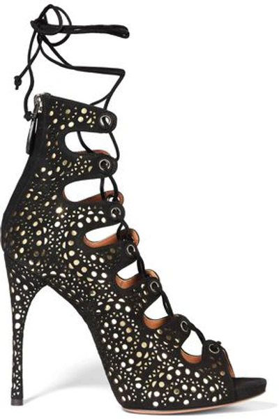 Alaïa Laser-cut Suede And Metallic Leather Sandals In Black