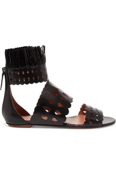 Alaïa Raffia-trimmed Laser-cut Leather Sandals In Black