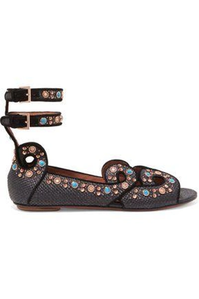 Alaïa Embellished Woven Leather Sandals In Dark Brown