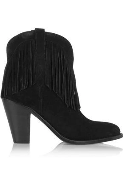 Saint Laurent New Western Fringed Suede Ankle Boots In Black