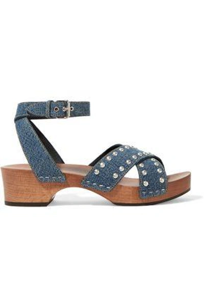 Saint Laurent Studded Denim Sandals In Mid Denim