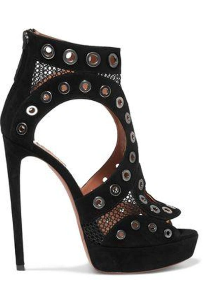 Alaïa Eyelet-embellished Suede And Mesh Platform Sandals In Black