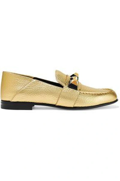 Fendi Studded Metallic Textured-leather Loafers In Gold