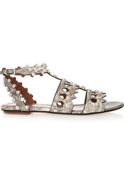 Alaïa Studded Laser-cut Lizard Sandals In Gray