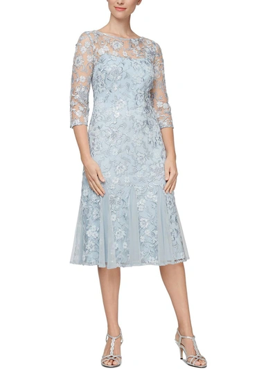 Alex Evenings Petites Womens Lace Sequined Midi Dress In Blue