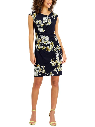 Connected Apparel Petites Womens Floral Print Asymmetrical-neck Sheath Dress In Multi