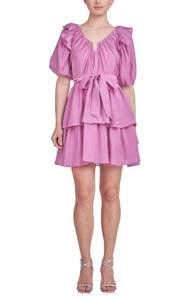 Endless Rose Ruffle Tie Waist Puff Sleeve Tiered Minidress In Orchid