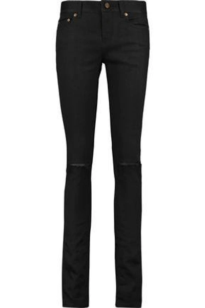 Saint Laurent Distressed Mid-rise Skinny Jeans In Black