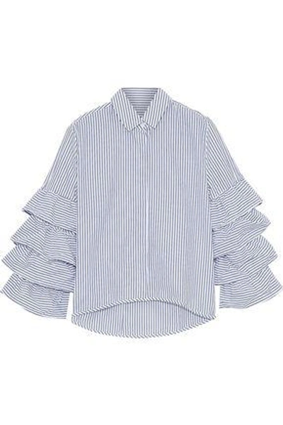 Iris & Ink Stina Ruffled Striped Cotton-poplin Shirt In Blue