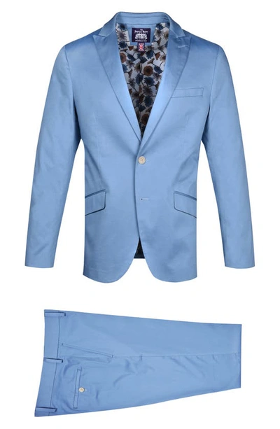 Savile Row Co Brixton Light Blue Solid Two Button Peak Lapel Trim Fit Stretch Cotton Suit