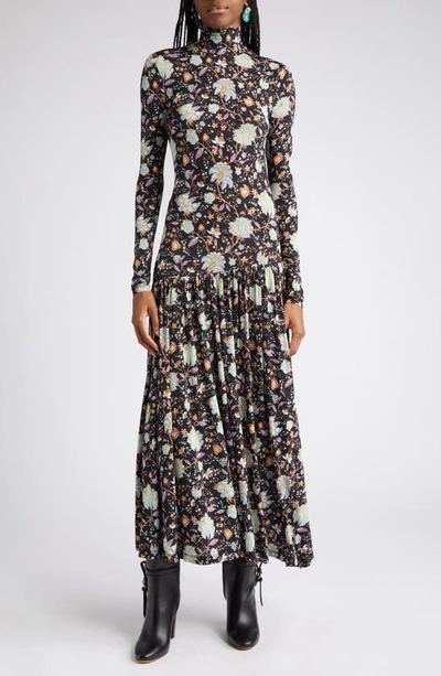 Ulla Johnson Fernanda Floral Pleated Asymmetric Midi Dress In Nuit