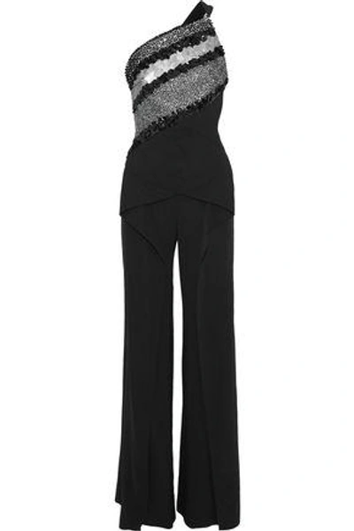 Roland Mouret One-shoulder Embellished Mesh-paneled Crepe Jumpsuit In Black