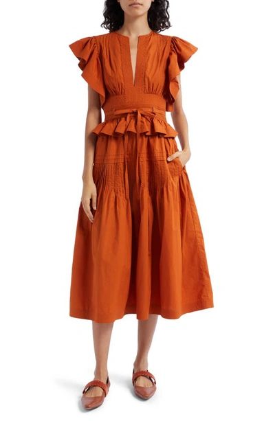 Ulla Johnson Florence Belted Ruffled Pintucked Cotton-poplin Midi Dress In Saffron