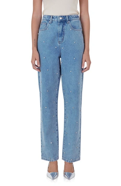 Endless Rose Crystal Embellished High Waist Rigid Straight Leg Jeans In Denim