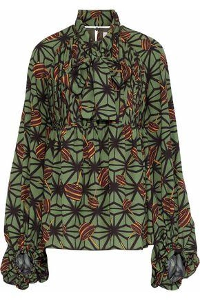 Stella Jean Woman Pussy-bow Pleated Printed Crepe De Chine Blouse Leaf Green