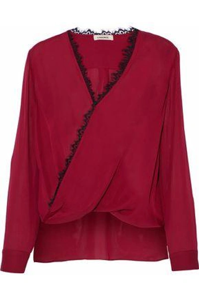 L Agence Woman Rosario Lace-trimmed Wrap-effect Silk Blouse Crimson