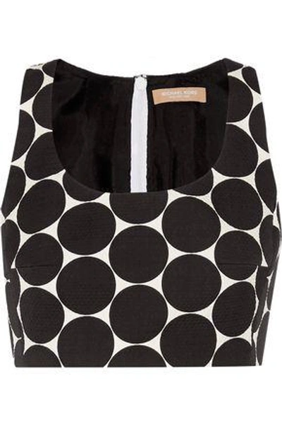 Michael Kors Woman Cropped Polka-dot Cotton And Silk-blend Matelassé Top Black