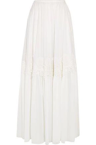 Chloé Guipure Lace-trimmed Stretch-silk Mousseline Maxi Skirt In White