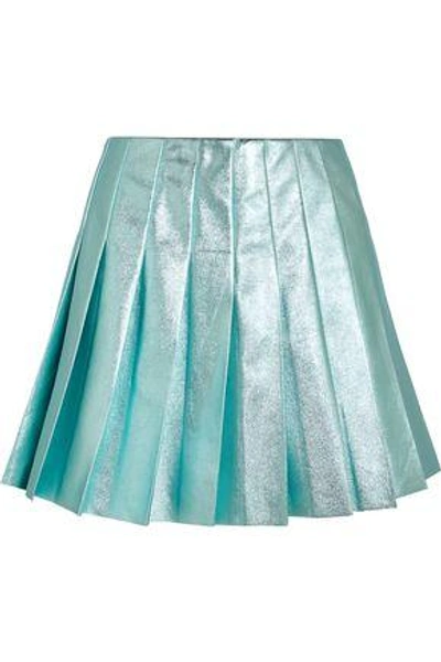 Miu Miu Pleated Metallic Leather Mini Skirt In Turquoise