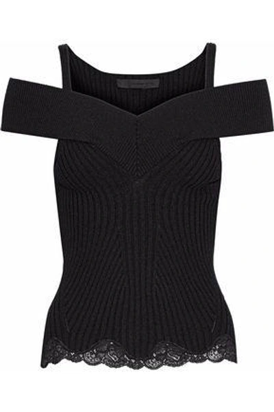 Alexander Wang Woman Cold-shoulder Lace-trimmed Ribbed-knit Merino Wool-blend Top Black