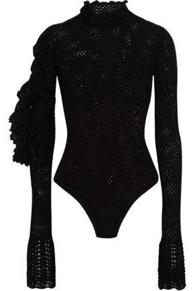 Magda Butrym Woman Boa Ruffled Open-knit Cotton-blend Bodysuit Black