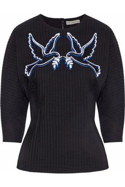 Mary Katrantzou Flared Embroidered Ribbed-knit Sweatshirt In Black