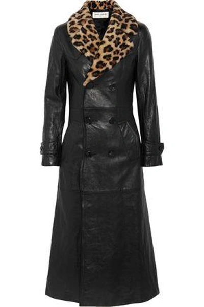 Saint Laurent Leopard-print Shearling-trimmed Leather Coat In Black