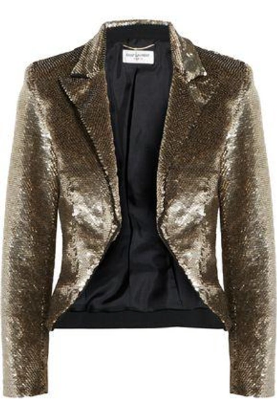 Saint Laurent Cropped Sequined Crepe Jacket In Gold
