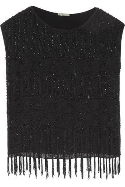 Joie Woman Cecile Fringe-trimmed Beaded Georgette Top Black
