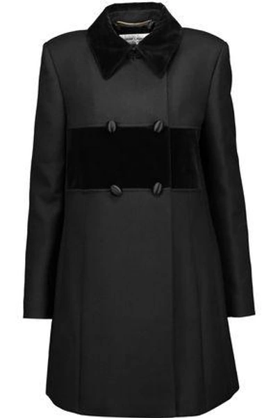 Saint Laurent Velvet-paneled Wool And Silk-blend Faille Coat In Black