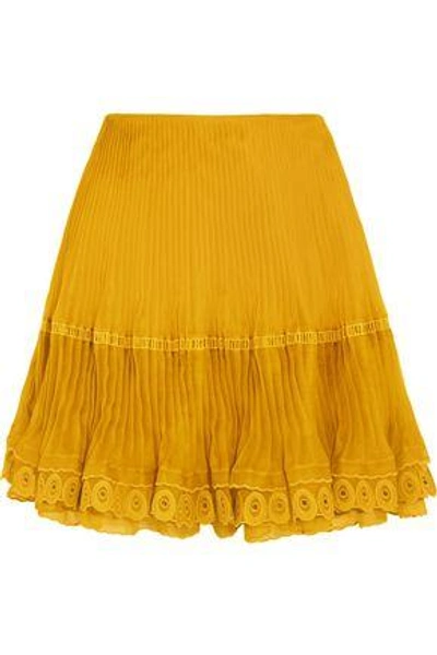 Chloé Layered Plissé Silk-organza Mini Skirt In Mustard