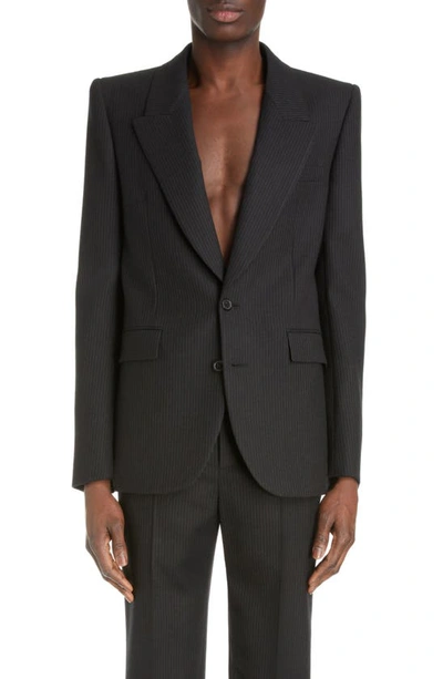 Saint Laurent Pinstripe Wool Twill Sport Coat In Noir/ Gris