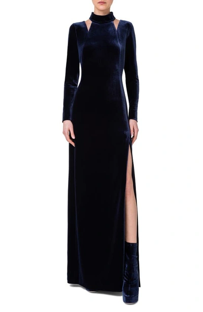 Akris Cutout Detail Long Sleeve Stretch Velvet Gown In 079 Navy