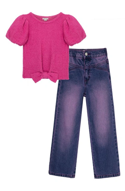 Habitual Kids Kids' Short Sleeve Sweater & Jeans Set In Dark Pink