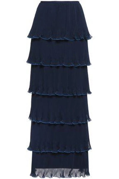 Mary Katrantzou Tiered Plissé Crepe De Chine Maxi Skirt In Navy