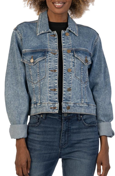 Kut From The Kloth Jacqueline Pleat Sleeve Crop Denim Jacket In Make