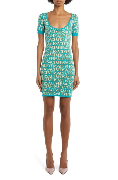 Versace Logo Jacquard Short Sleeve Sweater Dress In 5v540 Turquoise Light Blue