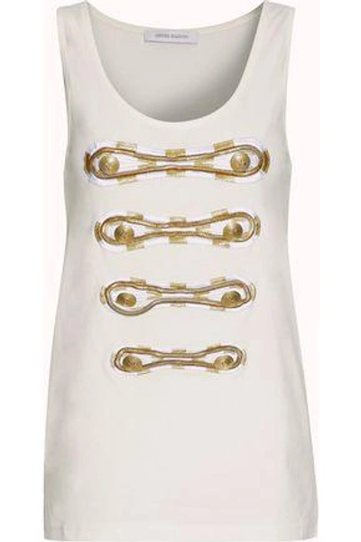 Pierre Balmain Appliquéd Embellished Stretch-cotton Top In Off-white