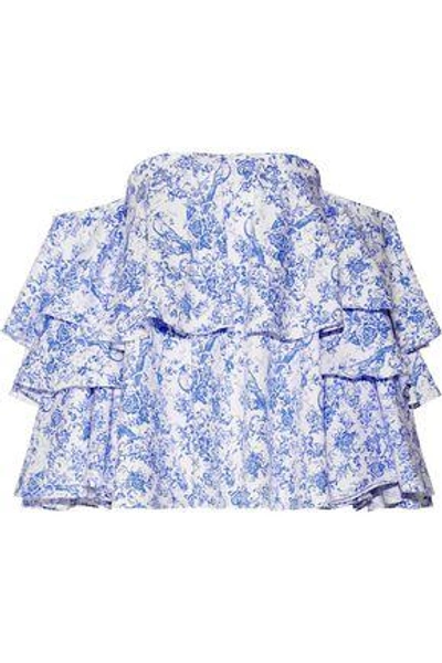 Caroline Constas Carmen Off-the-shoulder Printed Cotton-blend Toile Top In Blue