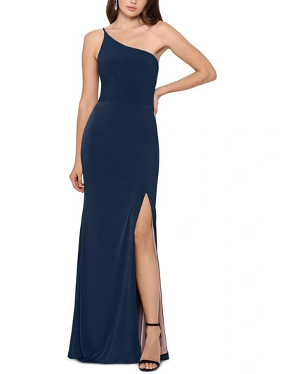 Xscape Womens One Shoulder Side Slit Evening Dress In Blue
