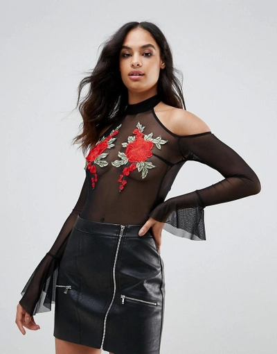 Naanaa Mesh Off Shouler Body With Floral Applique-black
