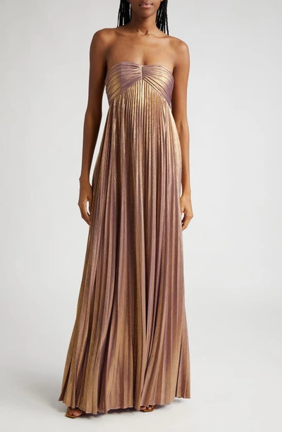Retroféte Lyanna Metallic Pleated Strapless Gown In Purple Gold