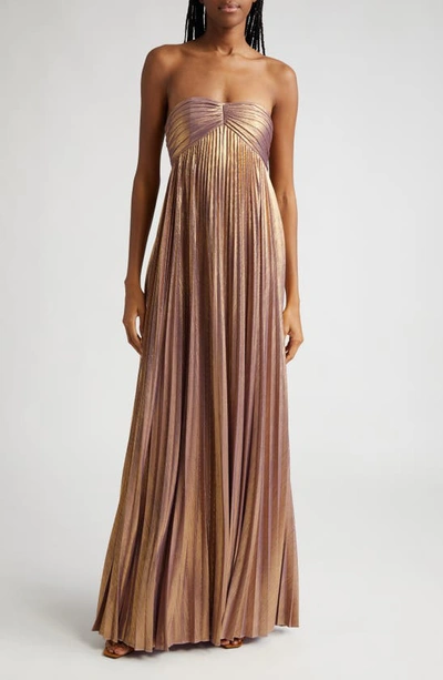 Retroféte Lyanna Metallic Pleated Strapless Gown In Purple/gold