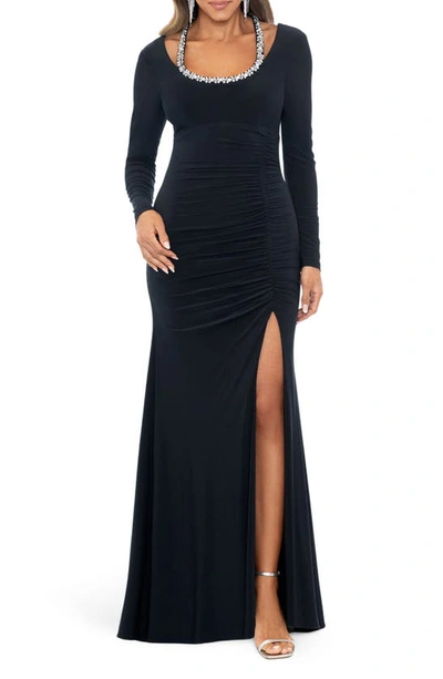 Xscape Crystal Trim Long Sleeve Gown In Navy