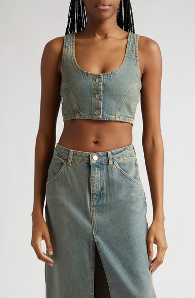 Miaou Deva Denim Crop Top In Green Denim