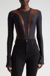 Mugler Illusion Inset Long Sleeve Bodysuit In Black Nude 02