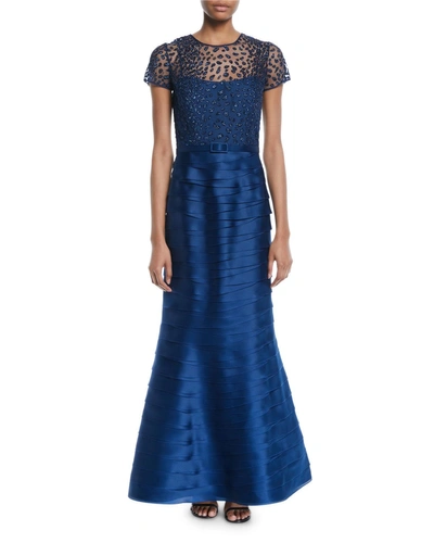 Roland Nivelais Embellished Top & Tiered Pleated Evening Gown W/belt In Blue Metallic