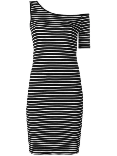Frame One-shoulder Fitted Striped Knee-length Dress In Black