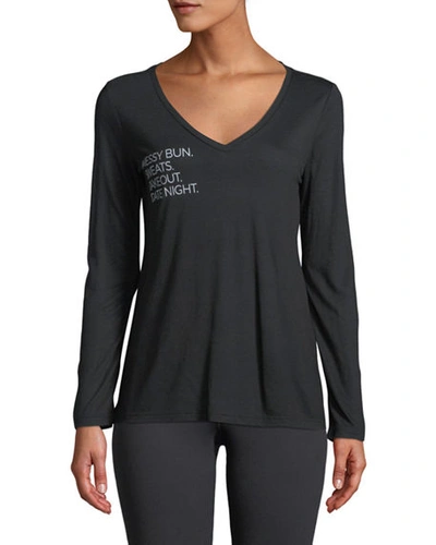 For Better Not Worse Messy Bun Date Night Long-sleeve V-neck Tee In Black