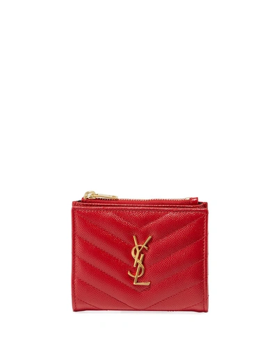 Saint Laurent Monogram Ysl Quilted Grain Leather Zip Card Case In Red